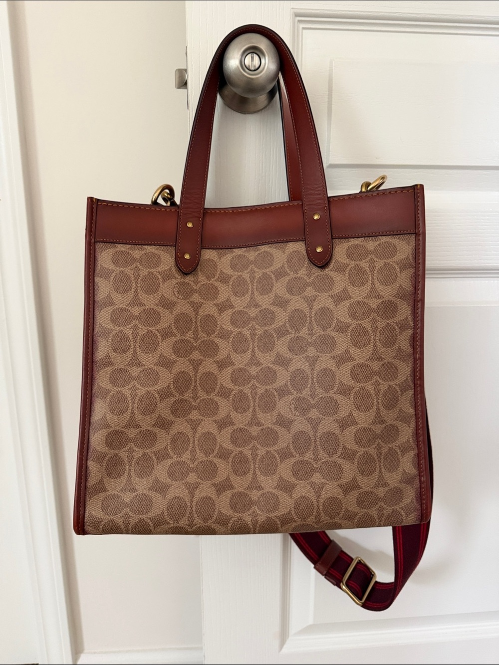 Coach Field Tote in Brown with Burgundy Leather Trim